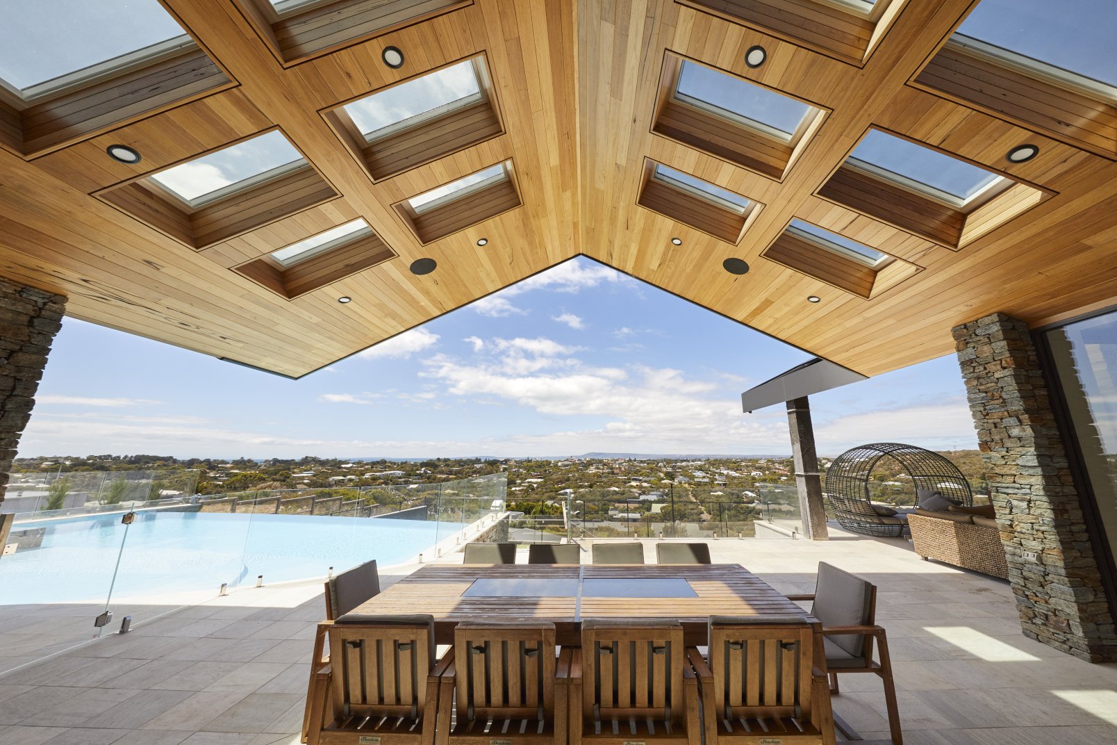 outdoor patio skylights with timber ceiling and pool in christchurch